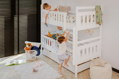 Etagenbett, Kinder, Kinderbett | Mit 2 Schubladen, optional zwei Matratzen, senkrechter Leiter & Absturzsicherung | Platzsparendes Hochbett für das Kinderzimmer | 97x208x171 cm (BxTxH)