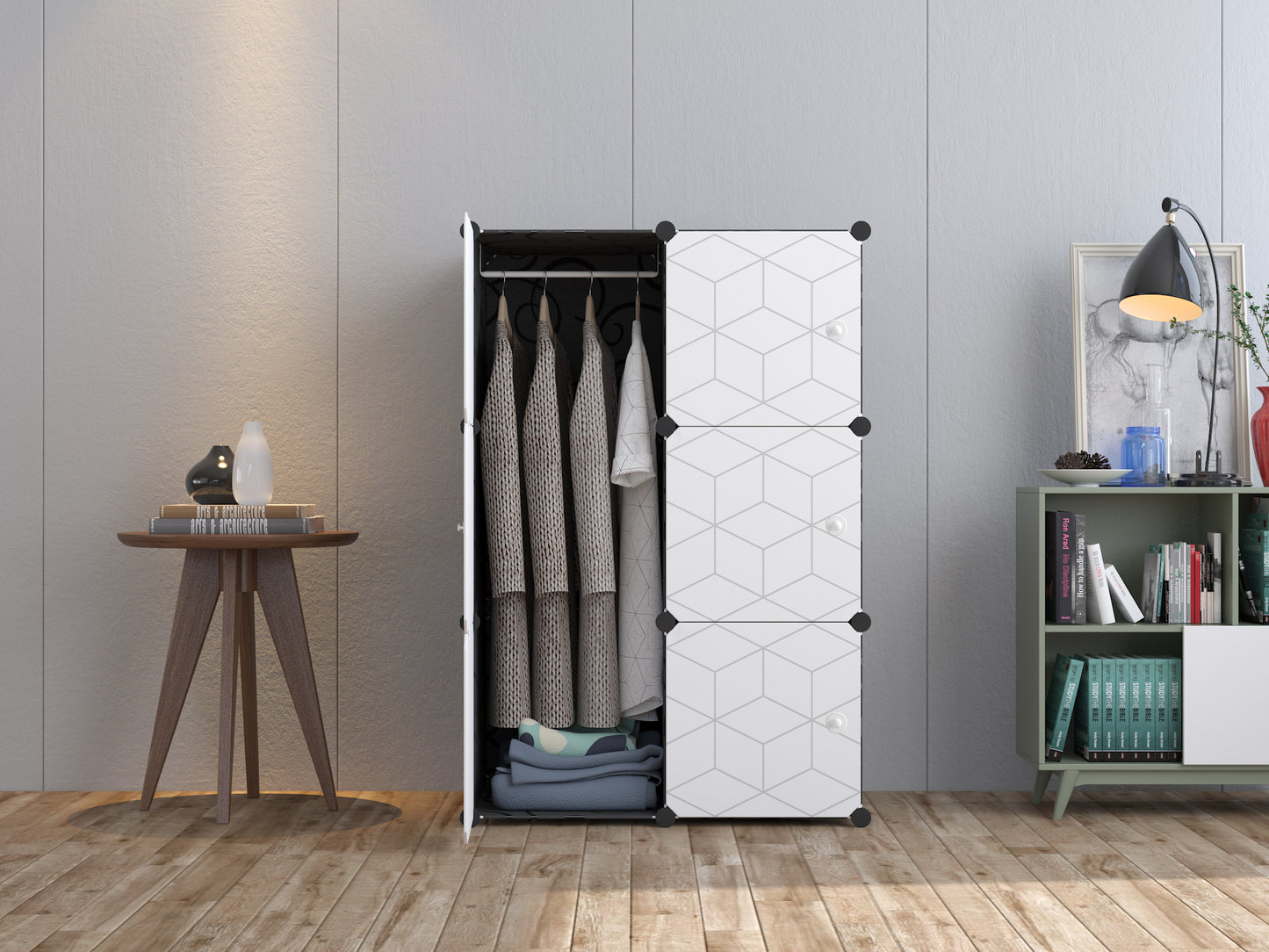 Armoire modulaire, armoire combinée, étagère enfichable, capacité de chambre de 3 kg, panneaux en polypropylène, résistant à la moisissure et à l'eau, motif noir