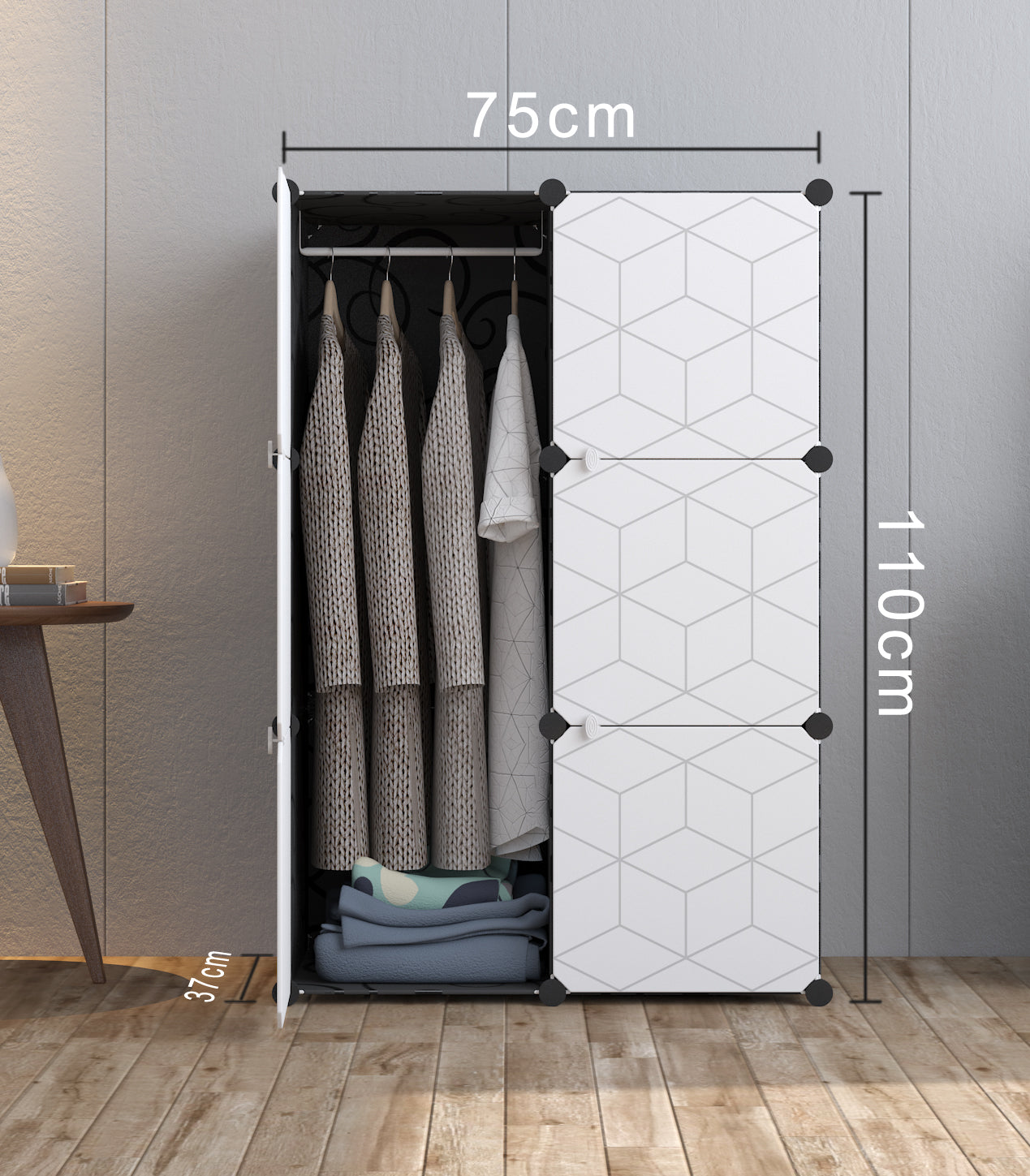 Modularer Kleiderschrank, Kombischrank, Steckregal, 3 kg Kammerkapazität, Polypropylenplatten, schimmel- und wasserbeständig, schwarzes Muster