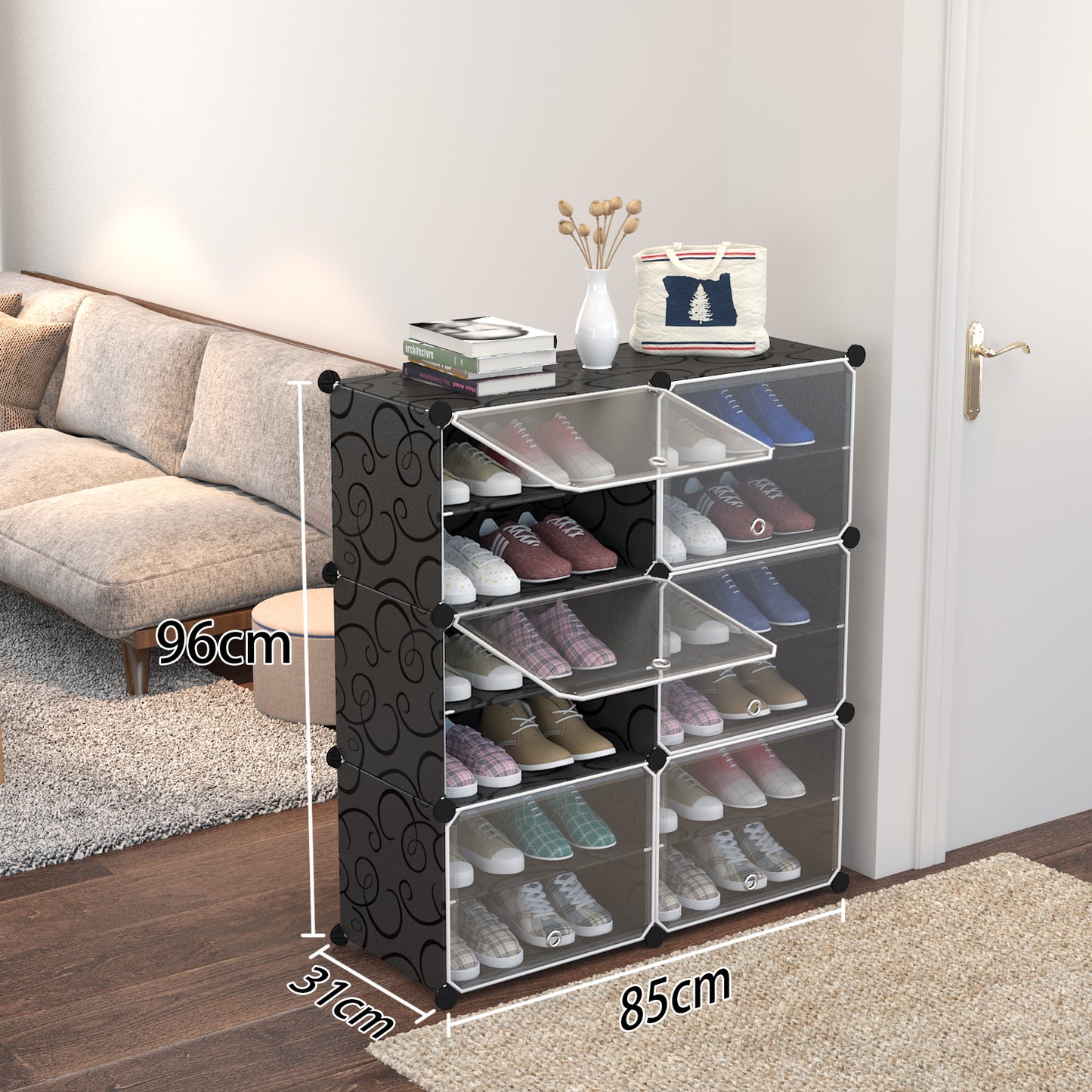 Armoire à chaussures modulaire, armoire combinée, étagère enfichable, résistante à l'eau et à la moisissure, capacité de chambre de 3 kg, motif noir