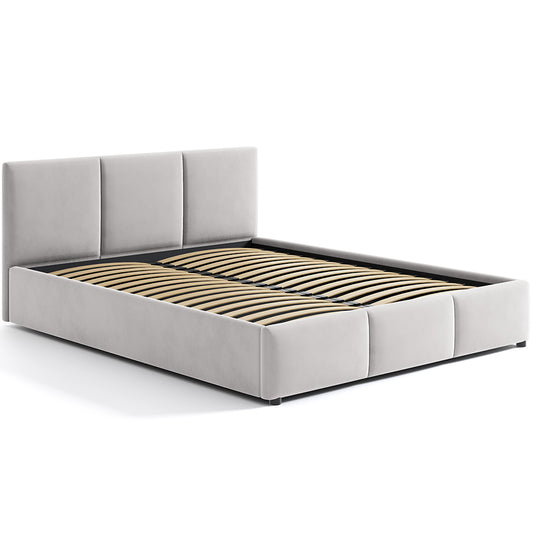 Lit rembourré lit double 140x200 | 160x200 cm velours beige ou gris | avec sommier à lattes en métal et espace de rangement avec coffre de lit hydraulique 