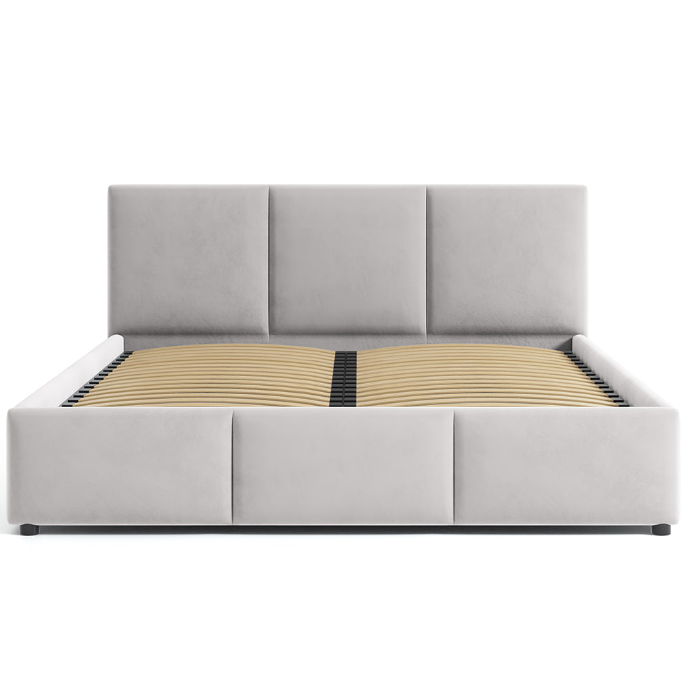 Polsterbett Doppelbett 140x200 | 160x200 cm Samt beige oder grau | mit Lattenrost aus Metall und Stauraum mit hydraulischem Bettkasten