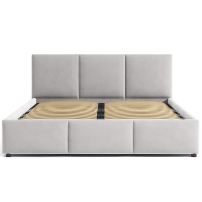 Polsterbett Doppelbett 140x200 | 160x200 cm Samt beige oder grau | mit Lattenrost aus Metall und Stauraum mit hydraulischem Bettkasten