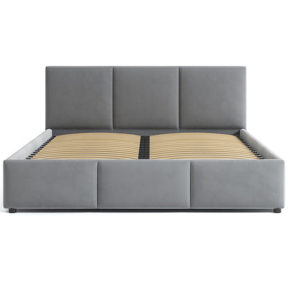 Polsterbett Doppelbett 140x200 | 160x200 cm Samt beige oder grau | mit Lattenrost aus Metall und Stauraum mit hydraulischem Bettkasten