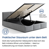 Bett 140x200 / 160x200 cm Doppelbett Polsterbett Bettgestell mit Lattenrost aus Metall, hydraulischer Bettkasten, Samtbezug in beige oder dunkelgrau, viel Stauraum, modern & pflegeleicht