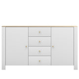 Kommode in weiss mit goldenen Griffen und Akzenten 92 cm hoch und 160 cm breit, Wohnzimmer, Schlafzimmer, mit zwei Regalen und vier Schubladen