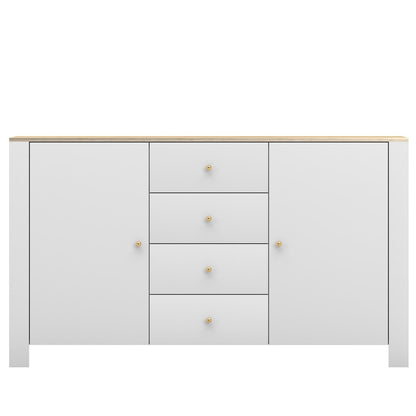 Commode blanche avec poignées et accents dorés de 92 cm de haut et 160 cm de large, salon, chambre, avec deux étagères et quatre tiroirs 