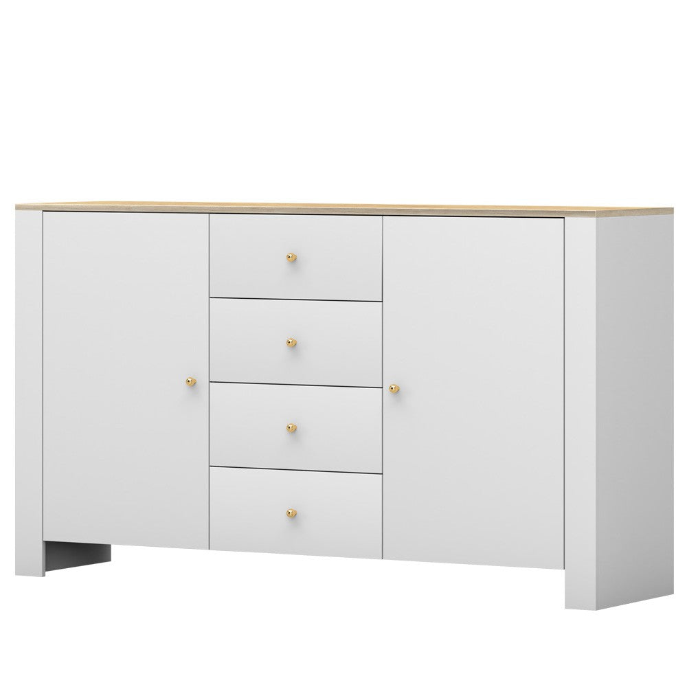 Commode blanche avec poignées et accents dorés de 92 cm de haut et 160 cm de large, salon, chambre, avec deux étagères et quatre tiroirs 