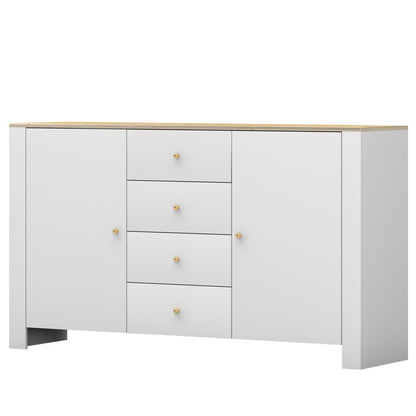 Commode blanche avec poignées et accents dorés de 92 cm de haut et 160 cm de large, salon, chambre, avec deux étagères et quatre tiroirs 