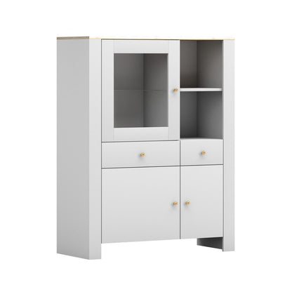 Highboard Luxus in weiss mit goldenen Griffen und Akzenten mit Glasvitrine 130 cm hoch und 100 cm breit, Wohnzimmer, Schlafzimmer, viel Stauraum