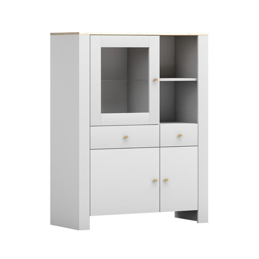 Buffet haut de luxe en blanc avec poignées et accents dorés avec vitrine en verre de 130 cm de haut et 100 cm de large, salon, chambre, beaucoup d'espace de rangement 