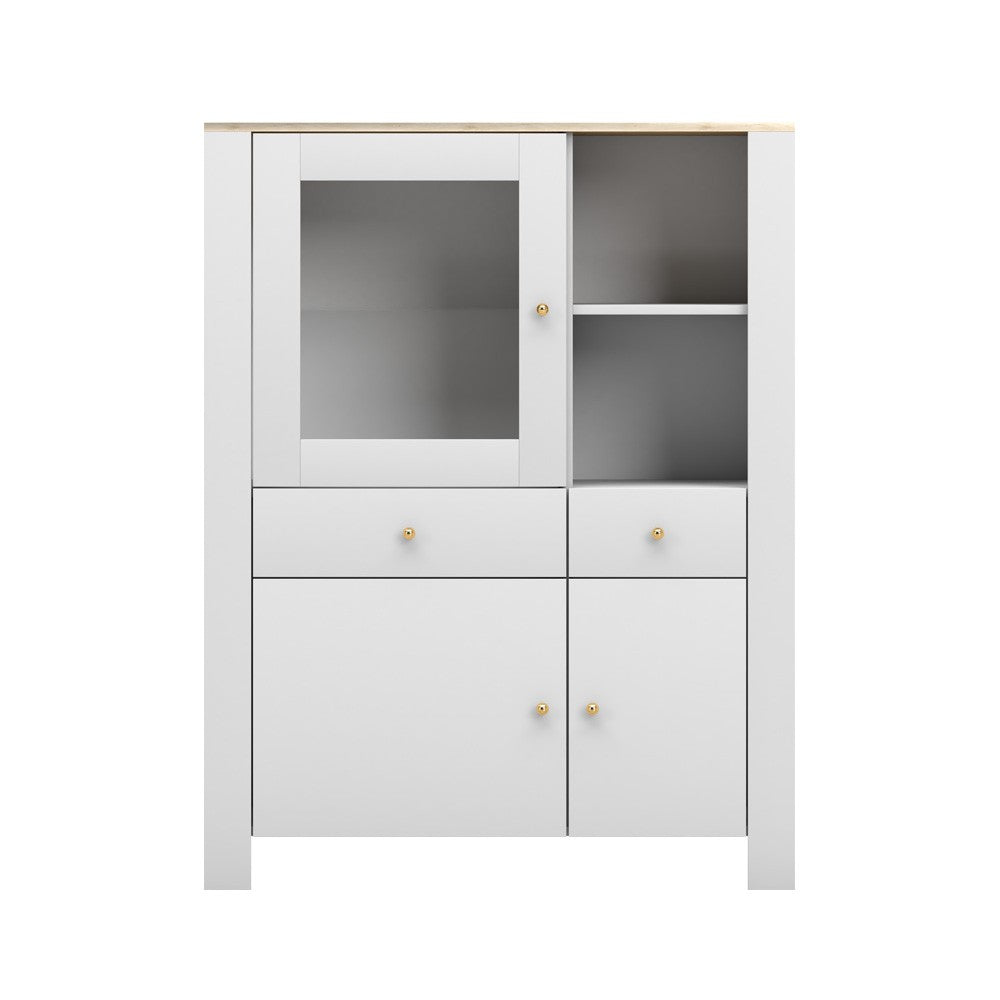 Buffet haut de luxe en blanc avec poignées et accents dorés avec vitrine en verre de 130 cm de haut et 100 cm de large, salon, chambre, beaucoup d'espace de rangement 