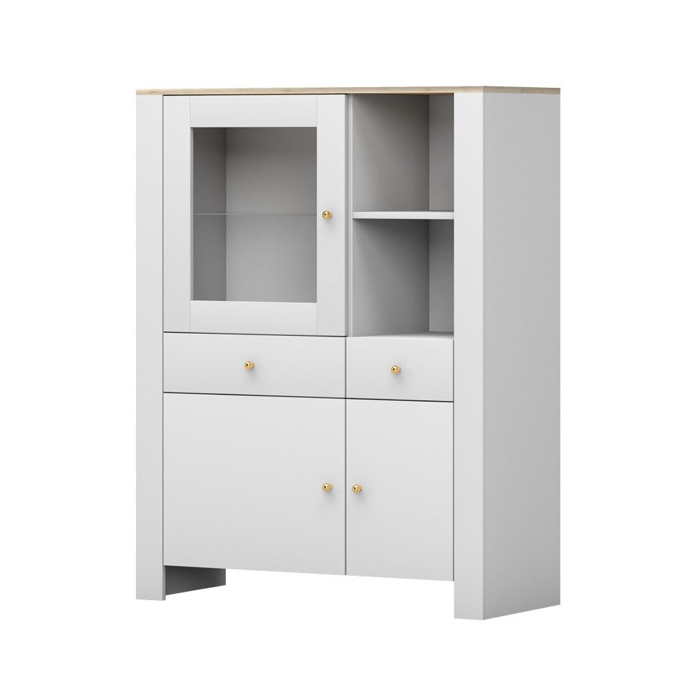 Highboard Luxus in weiss mit goldenen Griffen und Akzenten mit Glasvitrine 130 cm hoch und 100 cm breit, Wohnzimmer, Schlafzimmer, viel Stauraum