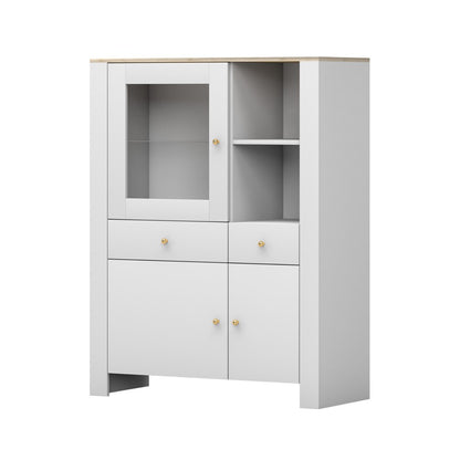 Buffet haut de luxe en blanc avec poignées et accents dorés avec vitrine en verre de 130 cm de haut et 100 cm de large, salon, chambre, beaucoup d'espace de rangement 