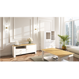 Highboard Luxus in weiss mit goldenen Griffen und Akzenten mit Glasvitrine 130 cm hoch und 100 cm breit, Wohnzimmer, Schlafzimmer, viel Stauraum