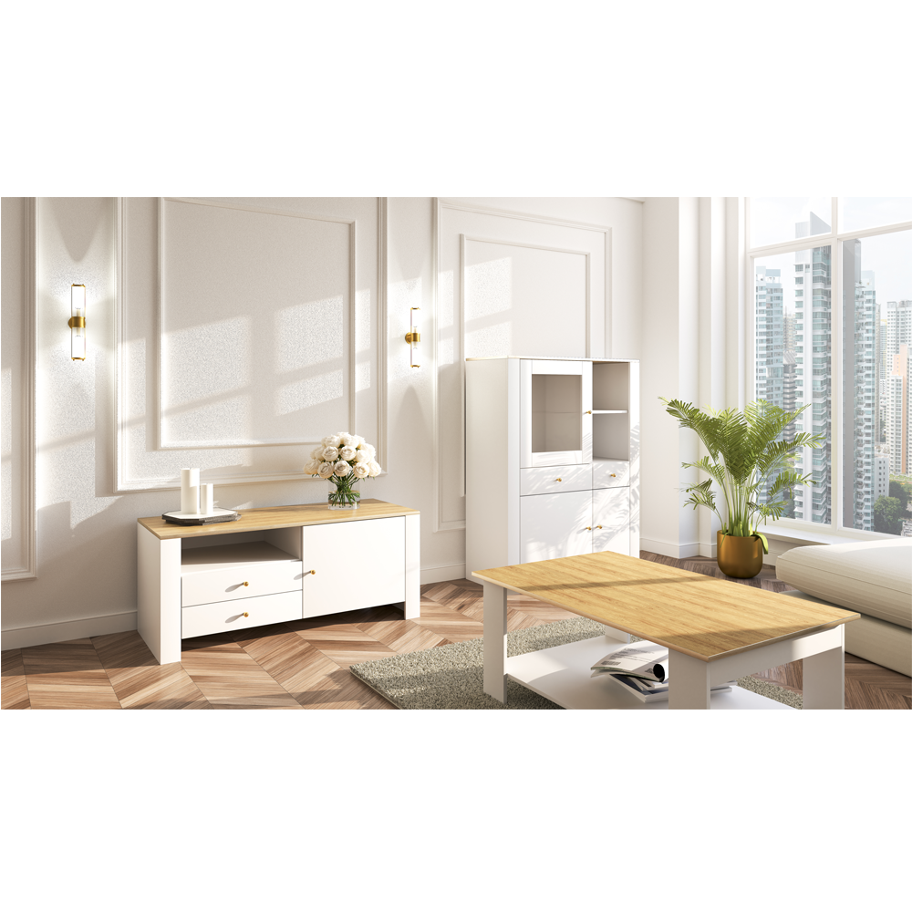 Buffet haut de luxe en blanc avec poignées et accents dorés avec vitrine en verre de 130 cm de haut et 100 cm de large, salon, chambre, beaucoup d'espace de rangement 