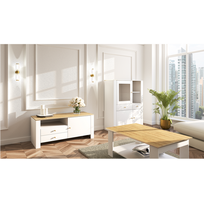 Highboard Luxus in weiss mit goldenen Griffen und Akzenten mit Glasvitrine 130 cm hoch und 100 cm breit, Wohnzimmer, Schlafzimmer, viel Stauraum