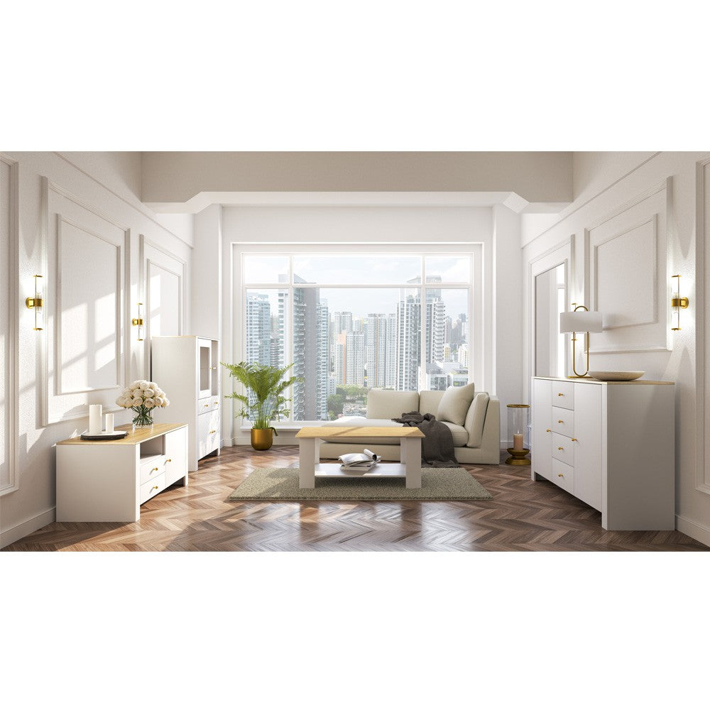 Buffet haut de luxe en blanc avec poignées et accents dorés avec vitrine en verre de 130 cm de haut et 100 cm de large, salon, chambre, beaucoup d'espace de rangement 