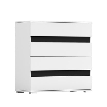 Commode blanche avec quatre tiroirs modernes hauteur 90 cm largeur 90 cm, salon, chambre, nombreux rangements 