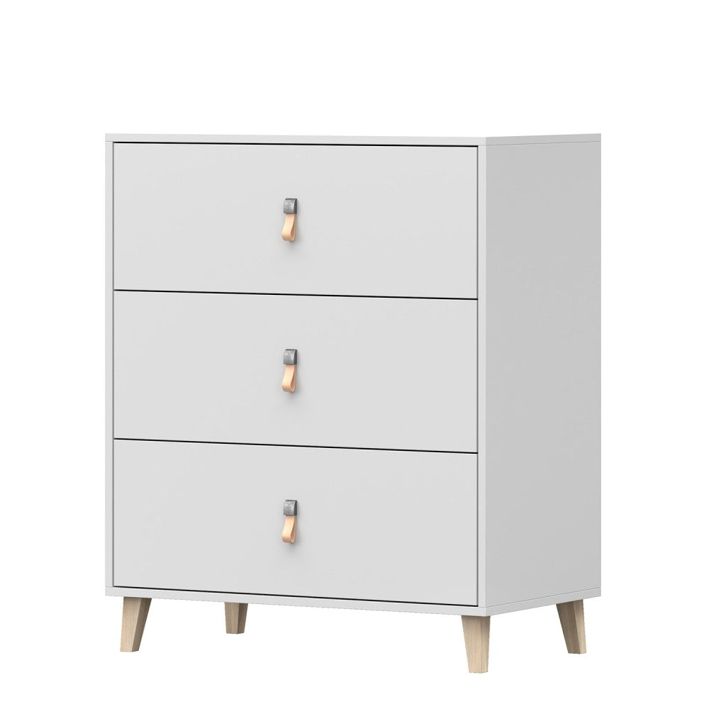 Commode Skandi blanche à trois tiroirs chambre d'enfant 96,5 cm de hauteur et 80 cm de largeur, chambre d'adolescent, buffet pratique, armoire polyvalente 