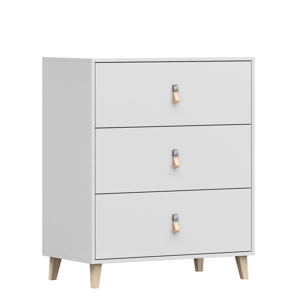 Commode Skandi blanche à trois tiroirs chambre d'enfant 96,5 cm de hauteur et 80 cm de largeur, chambre d'adolescent, buffet pratique, armoire polyvalente 