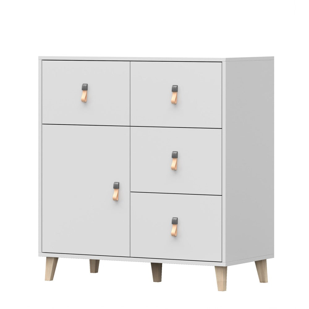 Kommode weiss Skandi mit einem Regal und vier Schuladen Kinderzimmer 96,5cm hoch und 90cm breit, Jugendzimmer, praktisches Sideboard, Mehrzweckschrank