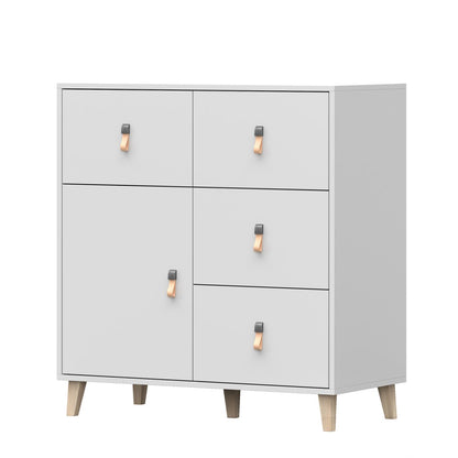 Kommode weiss Skandi mit einem Regal und vier Schuladen Kinderzimmer 96,5cm hoch und 90cm breit, Jugendzimmer, praktisches Sideboard, Mehrzweckschrank