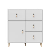 Commode Skandi blanche avec une étagère et quatre tiroirs d'école, chambre d'enfant 96,5 cm de hauteur et 90 cm de largeur, chambre d'adolescent, buffet pratique, armoire polyvalente 