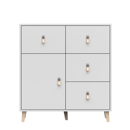 Kommode weiss Skandi mit einem Regal und vier Schuladen Kinderzimmer 96,5cm hoch und 90cm breit, Jugendzimmer, praktisches Sideboard, Mehrzweckschrank