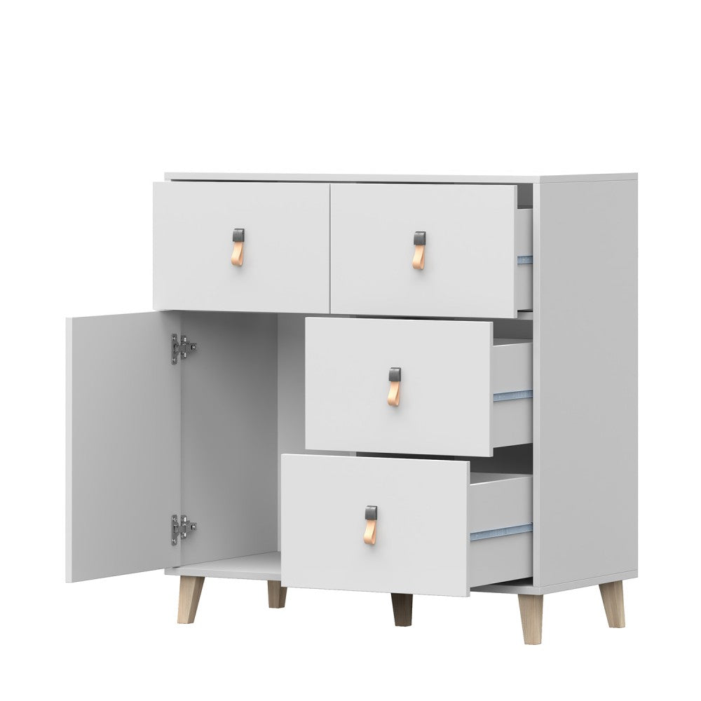 Kommode weiss Skandi mit einem Regal und vier Schuladen Kinderzimmer 96,5cm hoch und 90cm breit, Jugendzimmer, praktisches Sideboard, Mehrzweckschrank