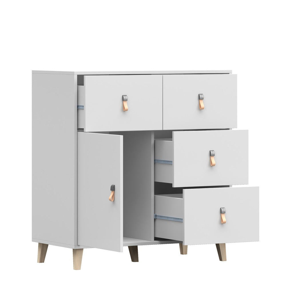 Kommode weiss Skandi mit einem Regal und vier Schuladen Kinderzimmer 96,5cm hoch und 90cm breit, Jugendzimmer, praktisches Sideboard, Mehrzweckschrank