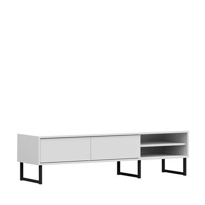 Meuble TV RTV 150cm de large avec deux tiroirs avec pieds en métal Loft, meuble TV, lowboard, salon chambre en blanc 