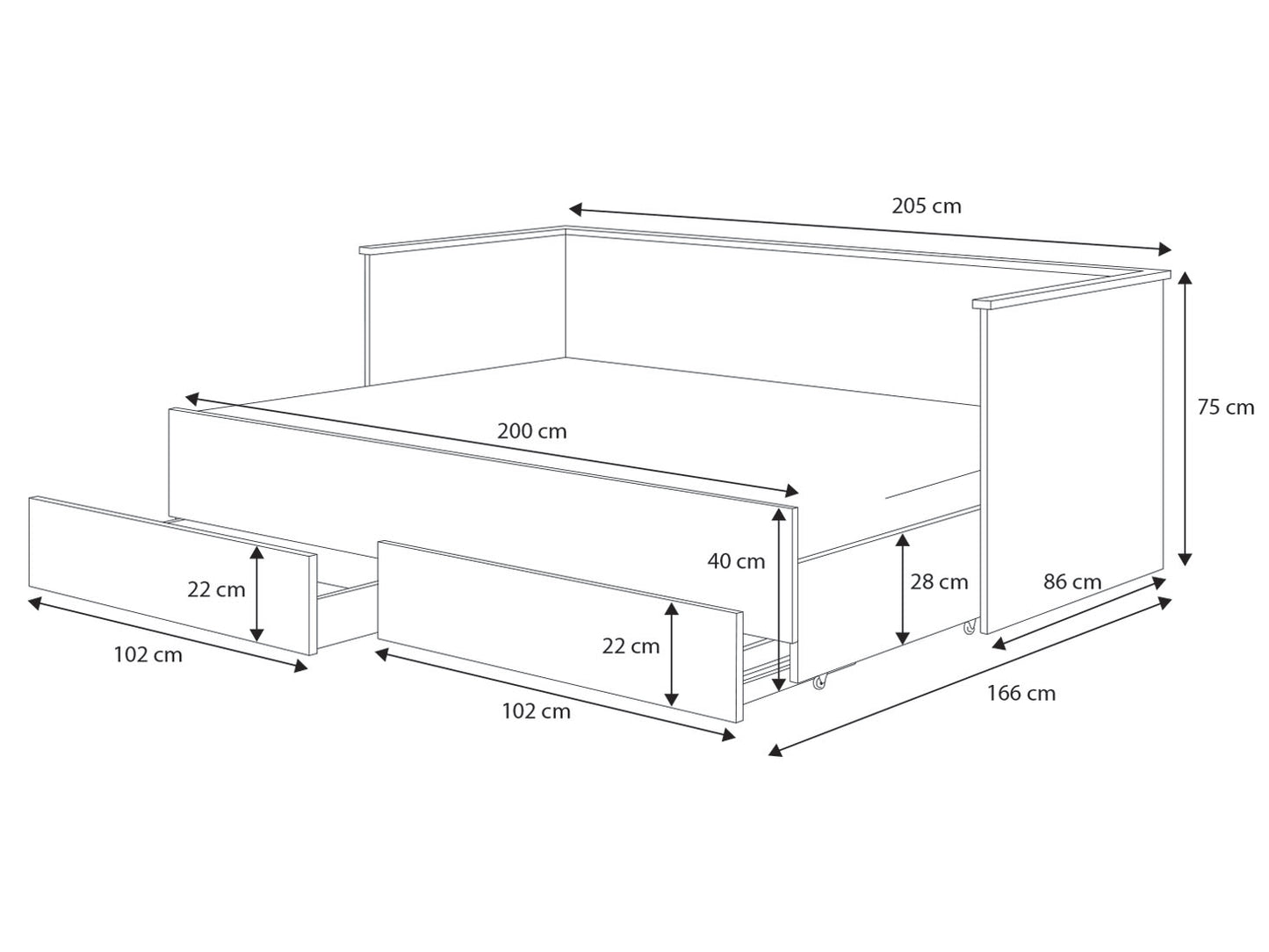 Tagesbett 80x200 Ausziehbett 160x200 Funktionsbett mit zwei Matratzen & zwei Schubladen in weiß