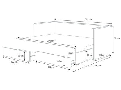 Tagesbett 80x200 Ausziehbett 160x200 Funktionsbett mit zwei Matratzen & zwei Schubladen in weiß