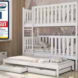 Hochbett 80x180 | 90x200 cm mit Ausziehbett Etagenbett mit Ausziehfunktion, zwei Schubladen, Lattenrost, extra hoher Rausfallschutz, umbaubar in 3 Einzelbetten, Vollholz massiv in weiss