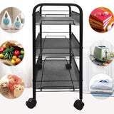 Rollwagen mit 3 Ebenen, Platzsparend, 3-stöckiger Schrank auf Rollen, geräumige Regale im modularen Design, Multifunktional Aufbewahrungswagen, 27,5 x 45 x 63,5 cm, Schmal, schwarz