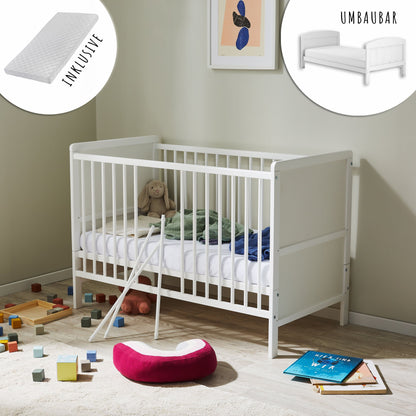 Babybett umbaubar zu Kinderbett 60x120 mit Matratze, Lattenrost und Raufallschutz Vollholz 120 x 60 | weiss sehr stabil Made in Europe