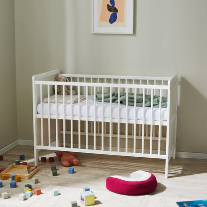 Lit bébé transformable en lit enfant 60x120 avec matelas, sommier à lattes et protection antichute bois massif 120 x 60 | blanc, très stable Fabriqué en Europe