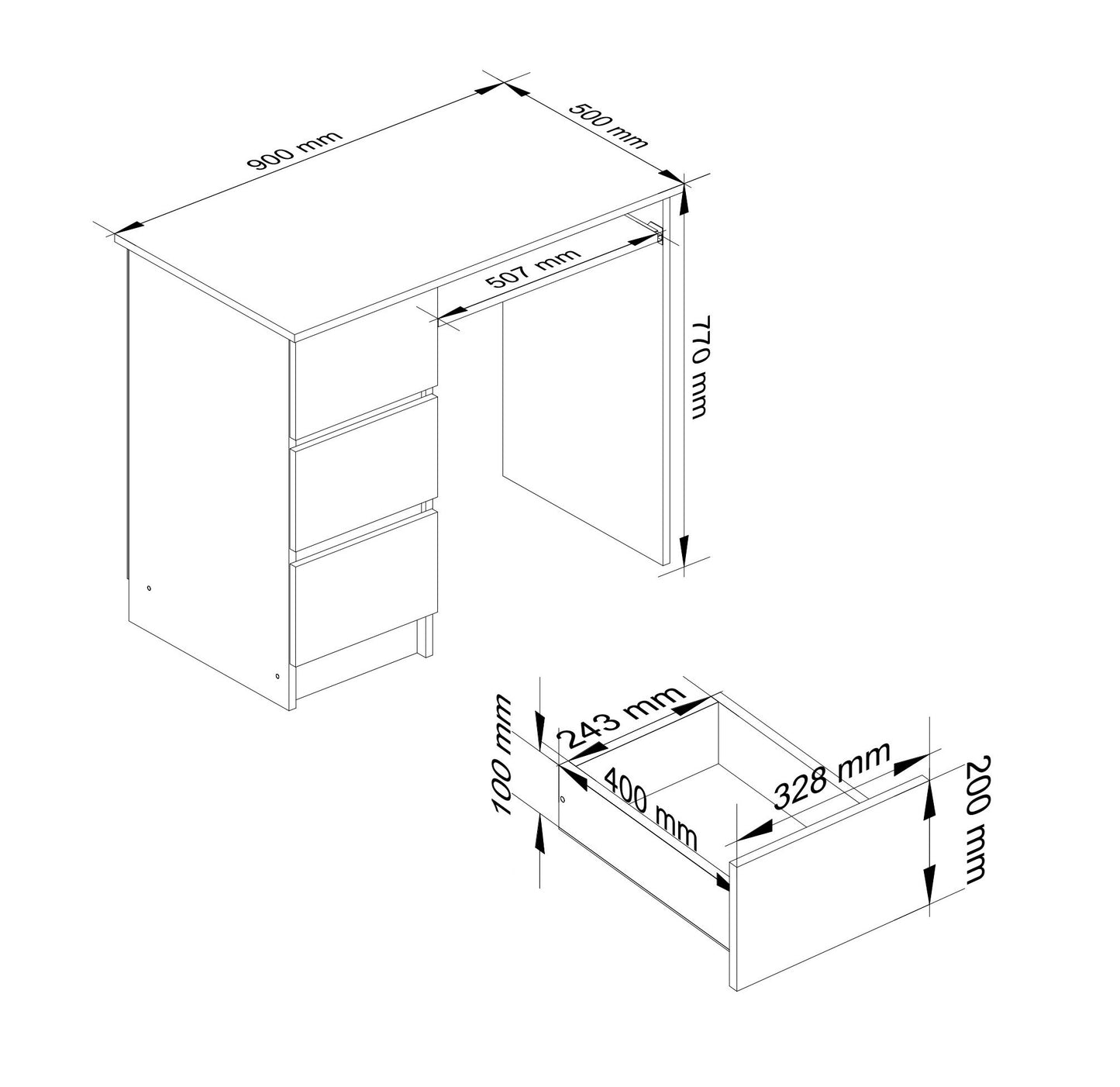 Bureau d'ordinateur, table de bureau, avec étagère pour clavier extensible, 90 x 50 x 77 cm, plateau en stratifié résistant à l'abrasion de 16 mm d'épaisseur avec bord en ABS