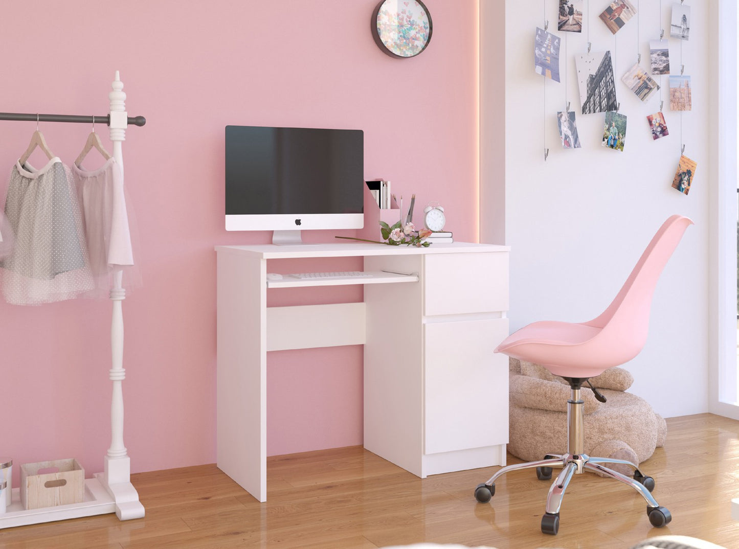 Table d'ordinateur, table de bureau, avec 1 tiroir et 2 étagères et une étagère clavier extractible, 90 x 50 x 77 cm, plateau en stratifié résistant à l'abrasion avec bord ABS, compartiments à droite ou à gauche