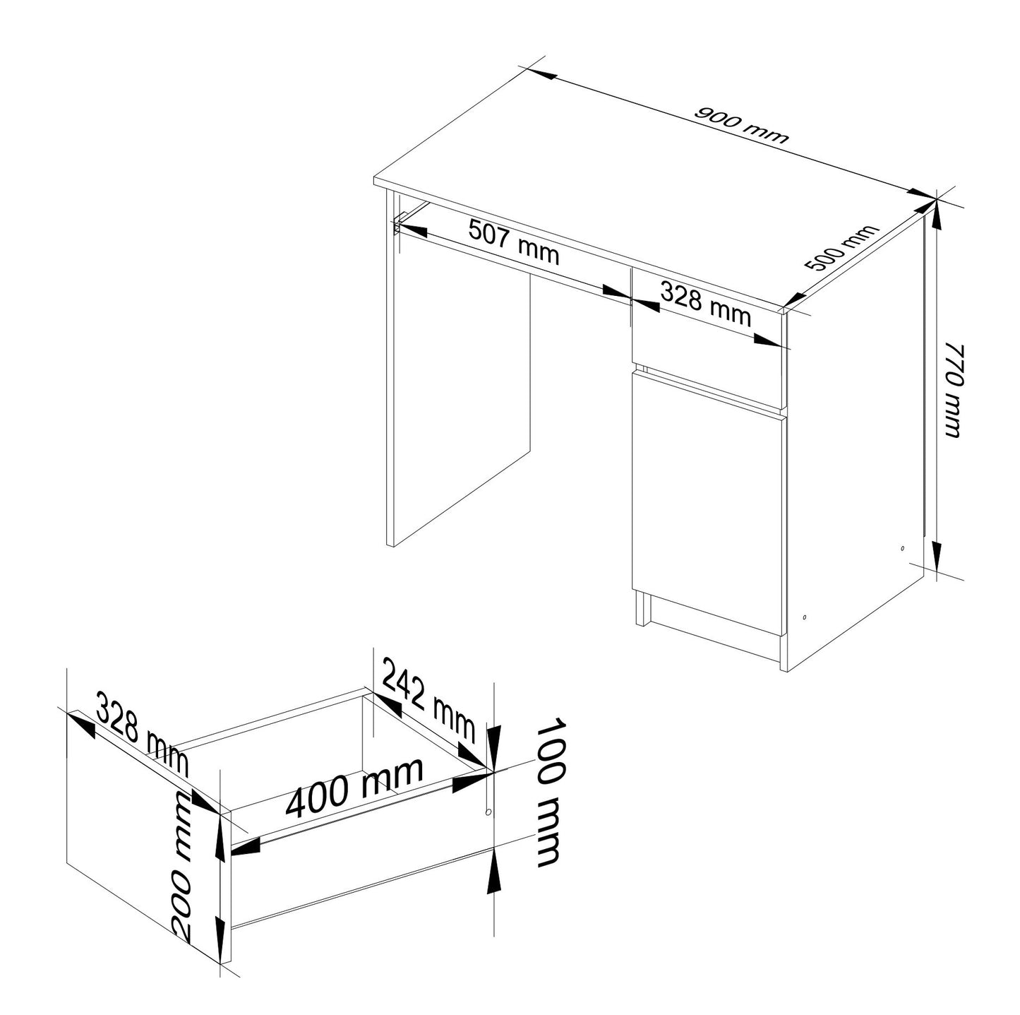 Computertisch, Bürotisch, mit 1 Schublade und 2 Regalen und einer ausziehbaren Tastaturablage, 90 x 50 x 77 cm, abriebfeste Laminatplatte mit ABS-Kante, Fächer rechts oder links