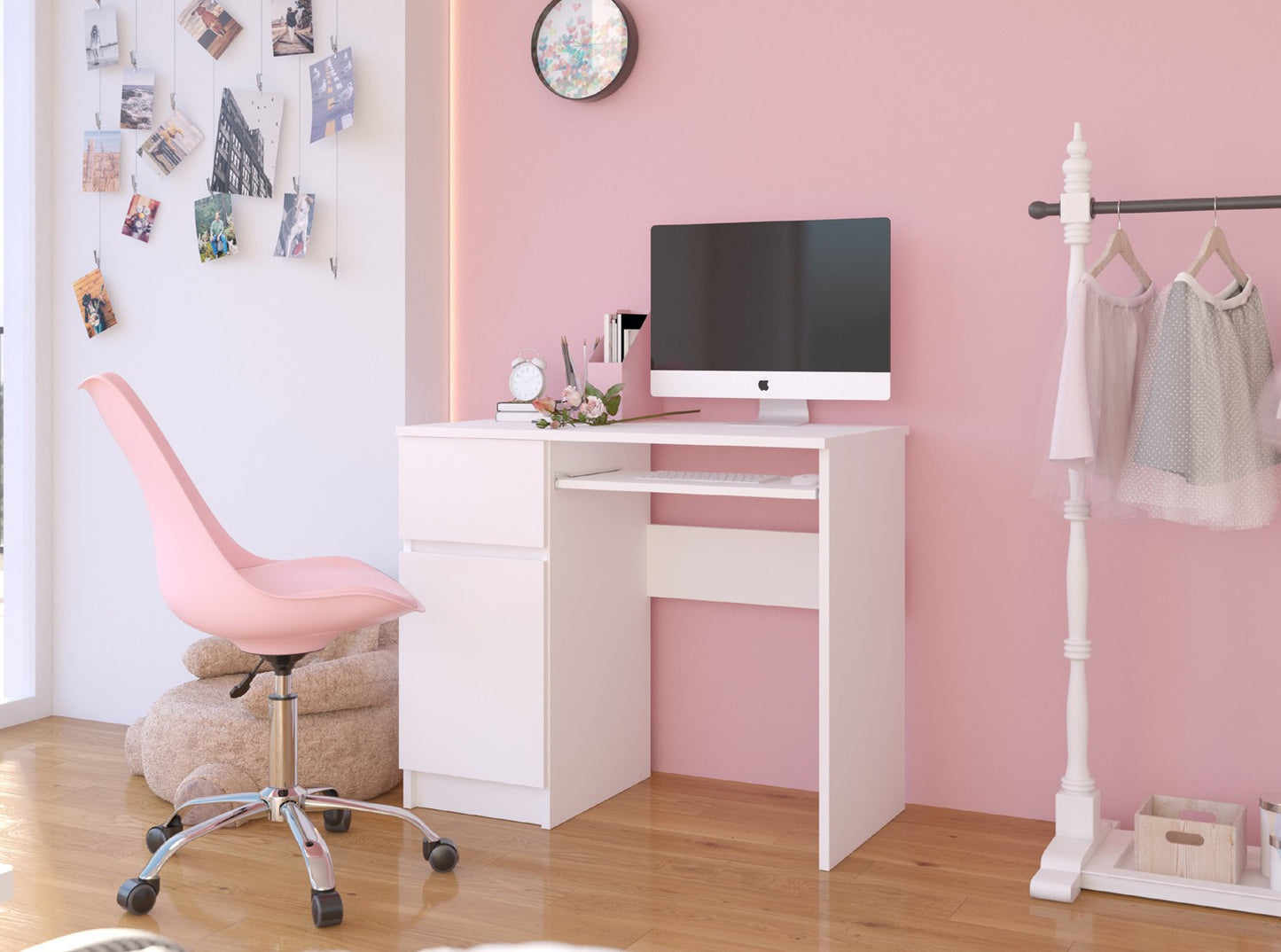 Table d'ordinateur, table de bureau, avec 1 tiroir et 2 étagères et une étagère clavier extractible, 90 x 50 x 77 cm, plateau en stratifié résistant à l'abrasion avec bord ABS, compartiments à droite ou à gauche