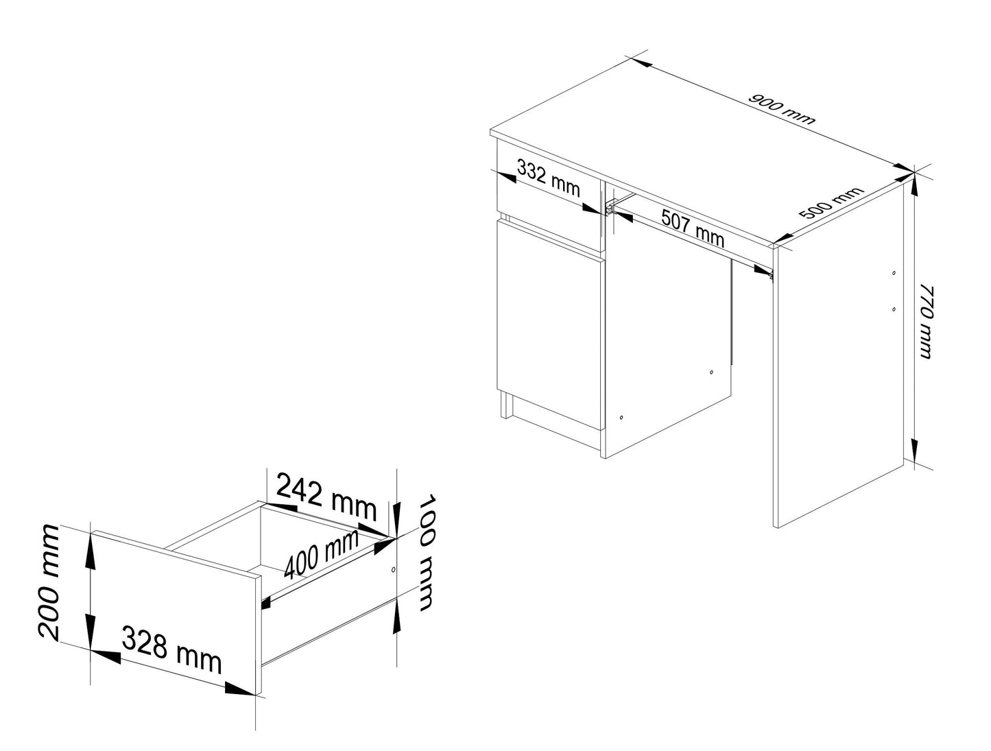 Table d'ordinateur, table de bureau, avec 1 tiroir et 2 étagères et une étagère clavier extractible, 90 x 50 x 77 cm, plateau en stratifié résistant à l'abrasion avec bord ABS, compartiments à droite ou à gauche