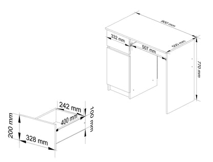 Table d'ordinateur, table de bureau, avec 1 tiroir et 2 étagères et une étagère clavier extractible, 90 x 50 x 77 cm, plateau en stratifié résistant à l'abrasion avec bord ABS, compartiments à droite ou à gauche