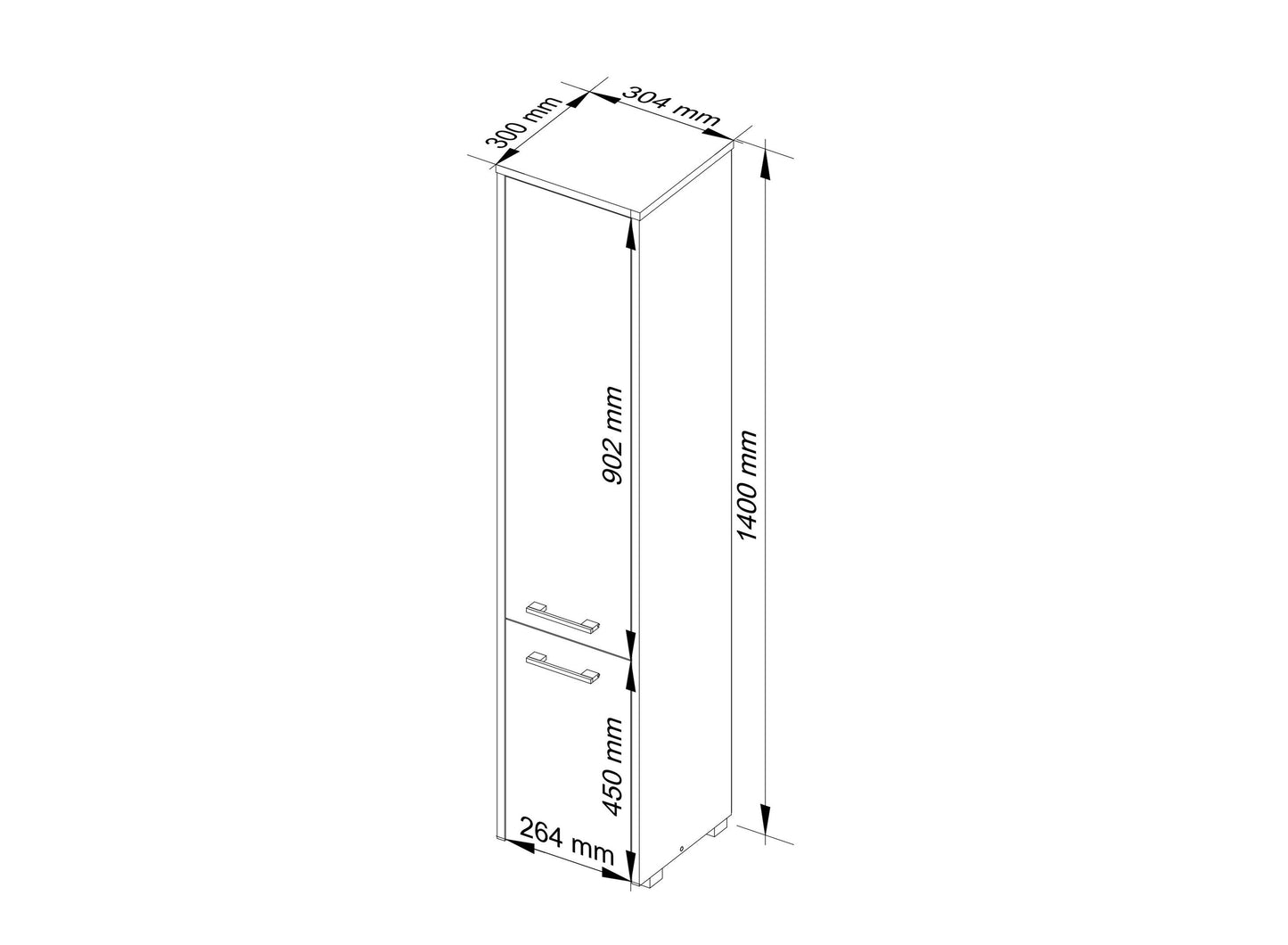 Badezimmerschrank, mit 2 Türen und 4 Einlegeböden, 30 x 30 x 140 cm, aus 16 mm starker, abriebfester Laminatplatte, Weiß