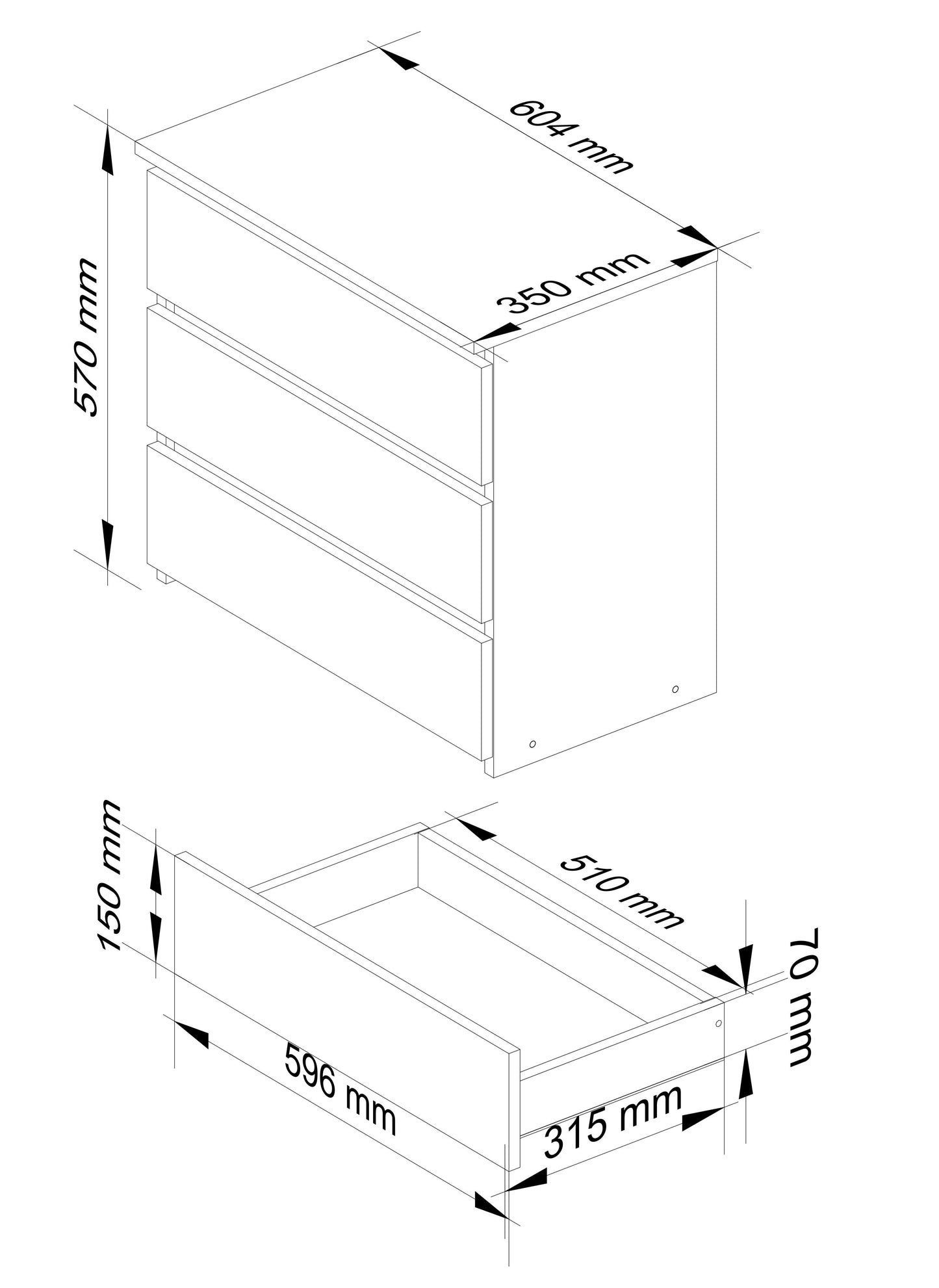 Commode à trois tiroirs, élégante, pour intérieurs minimalistes, 57 cm de hauteur et 60 cm de largeur, salon, chambre, couloir, placard, buffet, buffet haut, nombreux rangements, blanc