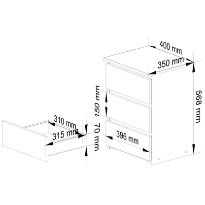 Kommode mit drei Schubladen, elegant, für minimalistische Innenräume, 40x35x57cm, Wohnzimmer, Schlafzimmer, Flur, Schrank, Sideboard, Highboard, viel Stauraum, weiß