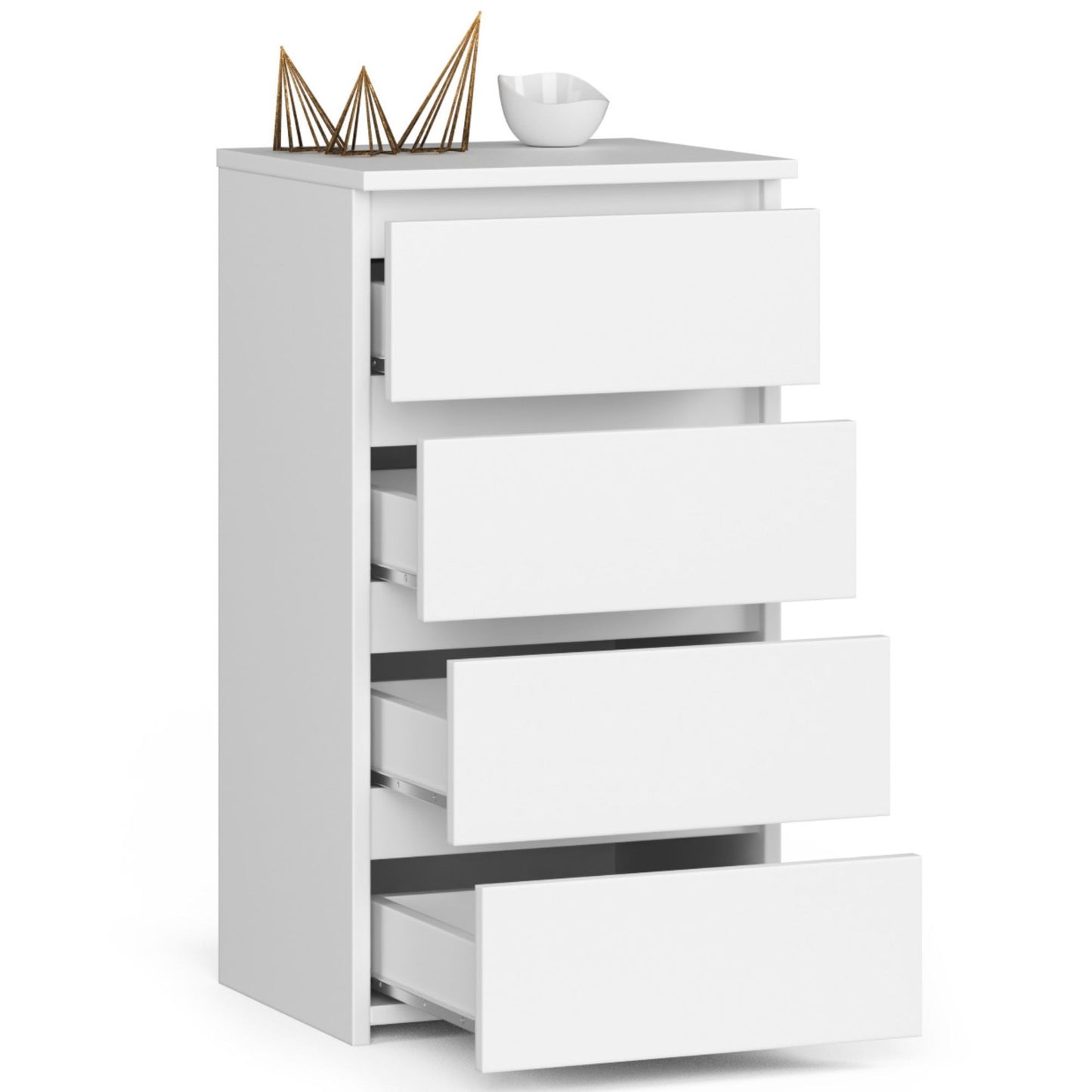 Kommode mit vier Schubladen, elegant, für minimalistische Innenräume, 74 cm hoch und 40 cm breit, Wohnzimmer, Schlafzimmer, Flur, Schrank, Sideboard, Highboard, viel Stauraum, weiß