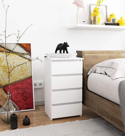 Kommode mit vier Schubladen, elegant, für minimalistische Innenräume, 74 cm hoch und 40 cm breit, Wohnzimmer, Schlafzimmer, Flur, Schrank, Sideboard, Highboard, viel Stauraum, weiß