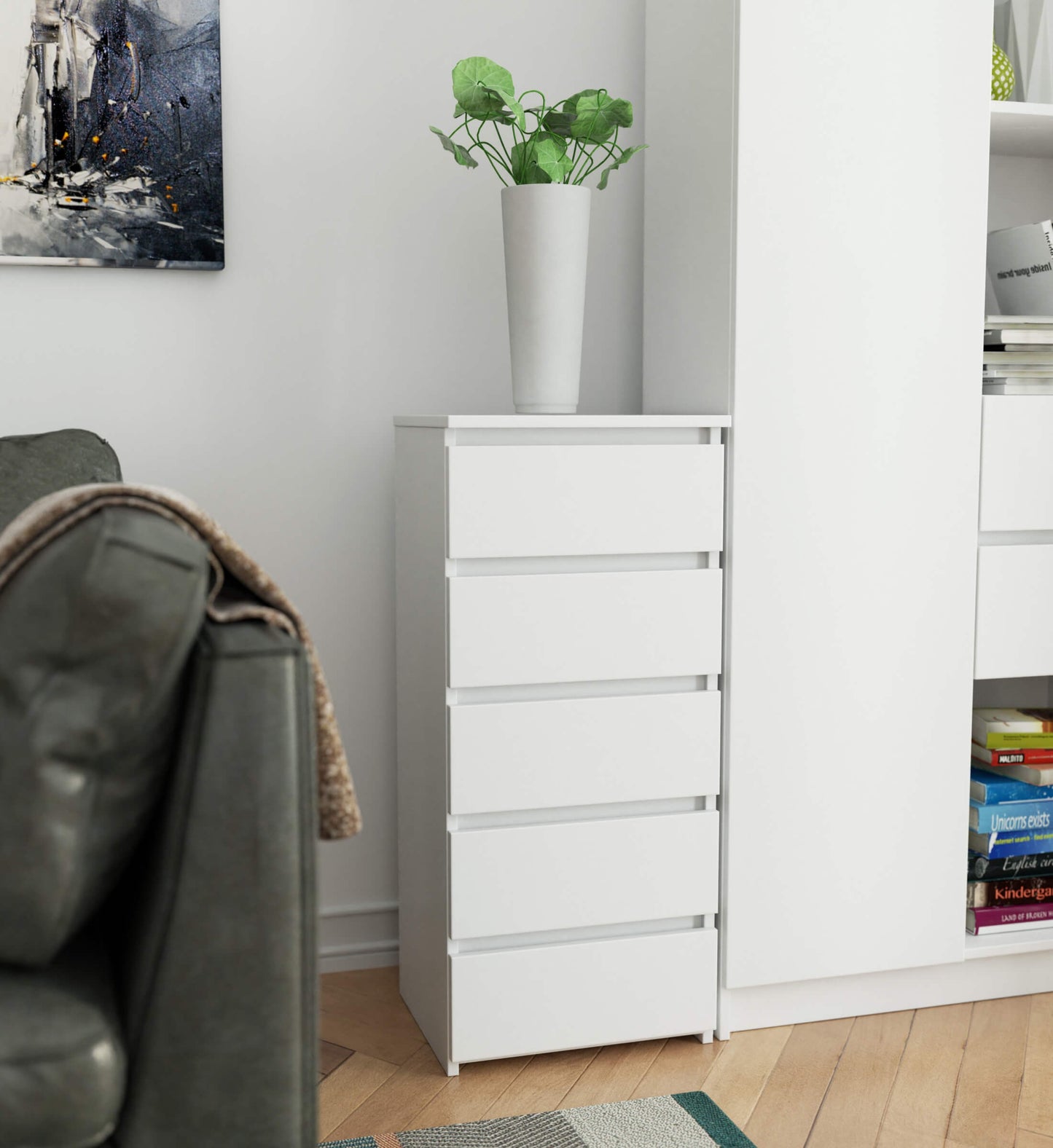 Kommode mit fünf Schubladen, elegant, für minimalistische Innenräume, 92 cm hoch und 40 cm breit, Wohnzimmer, Schlafzimmer, Flur, Schrank, Sideboard, Highboard, viel Stauraum